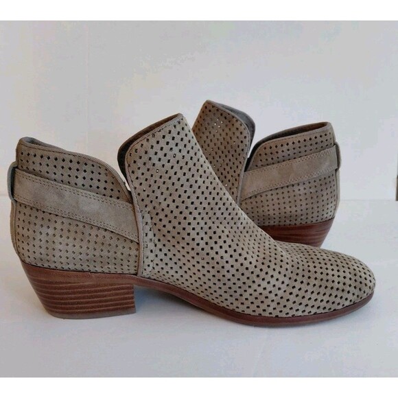 Sam Edelman Sz 7.5 Taupe Beige Suede Perforated Low Heel Paula Booties w/Buckle - Picture 5 of 8